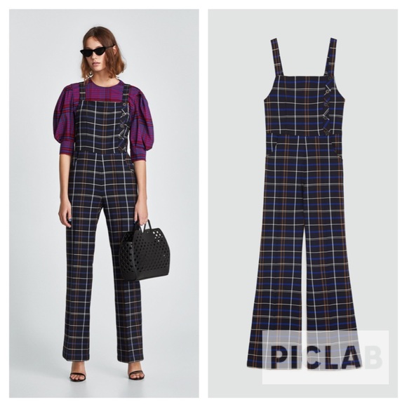 Zara navy blue check overalls